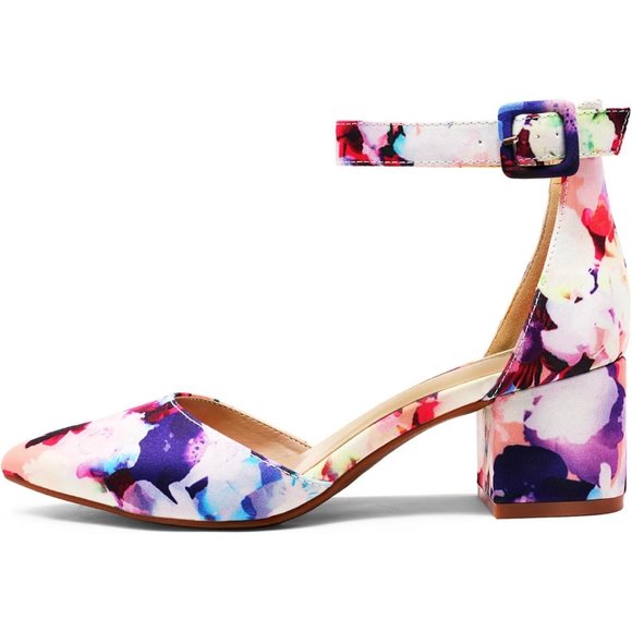 Pointed Toe Low Chunky Block Heels Pump  Floral comfort  Shoes Adjustable Buckle - Picture 4 of 8